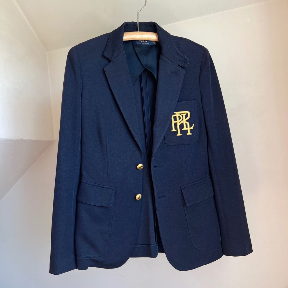 Polo Ralph Lauren Knit Blazer 8 Navy Blue Gold Crest Button Monogram Preppy Coat